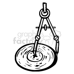 The clipart image depicts a compass (the drawing tool used to draw circles, not the navigational instrument) in the process of drawing a circle on a surface. There are no people or artists depicted in the image. The compass is shown with one point anchored to the center of the circles and the other end with a pen or pencil attachment drawing a concentric circle. There are multiple circles suggesting that several have been drawn, with the innermost circle looking like a spiral or a small whirlpool effect due to the concentric lines.