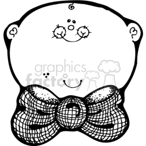The clipart image depicts a stylized representation of a baby boy's face. The drawing features a round head with prominent chubby cheeks, simple dots for eyes, a small curved line for the mouth, and a curlicue on top that could represent a small tuft of hair. The cheeks are adorned with little rosy circles to imply blush or baby softness. The baby appears to be wearing a large, detailed bow tie, which gives a touch of country style or formality to the image. It's a black and white image, using lines and dots for texture and detail, typical of clipart designed for simple printing or coloring activities.