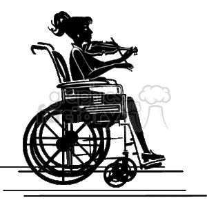 The image is a black and white clipart depicting a woman in a wheelchair who is playing a violin. She appears to be focused on her performance, illustrating that disability does not hinder her musical talent and passion.