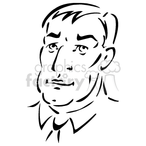 The image is a simple line drawing of a person's face. The face appears to be male, featuring short hair, eyes, a nose, a mouth, and a collar indicating clothing, such as a shirt or jacket.