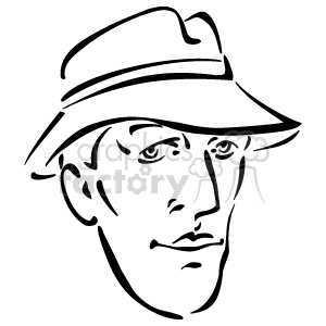 The clipart image shows the outline of a person's face, featuring a prominent nose, visible lips, and wearing a hat that appears to be a fedora or a similar style. The facial expression is neutral, and there are no other distinguishing features or colors since it is a simple black outline on a transparent background.