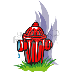 This clipart image features a red fire hydrant with water droplets coming out of it, indicating it's possibly in use or has been used recently. Background elements suggest action or urgency, such as water or smoke shapes, which could be associated with firefighting activities. However, there are no people or firefighters visibly present in the image.