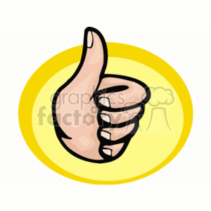 This clipart image features a stylized illustration of a hand giving a thumbs-up sign, commonly used to express approval, agreement, or that something is good. The thumb is raised upwards, and the hand is clenched into a fist, highlighting the thumb gesture. The illustration is encircled by a yellow border.