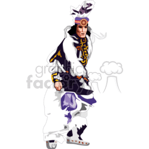 The image appears to be a clipart depiction of a person dressed in traditional Native American ceremonial attire, often associated with the Navajo or other Indigenous tribes of North America. This person could typically be performing a traditional dance, demonstrated by the dynamic posture and costume. The attire includes a decorated headband with feathers, a fringed and patterned outfit, and moccasins. The figure is portrayed in mid-movement, suggesting a dancing motion.