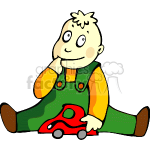 The clipart image depicts a cartoon of a child sitting down with a toy car in their hand. The child appears to be contemplating or daydreaming. They are wearing a green overall with orange suspenders and brown shoes. The child's expression is thoughtful, and their attention doesn't seem focused on the toy car.