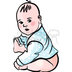 The clipart image shows a cartoon depiction of a baby. The baby appears seated with its body turned slightly to the side. Its cheeks are rosy, and it has a tuft of hair on the top of its head. The baby is dressed in a blue onesie with polka dots.
