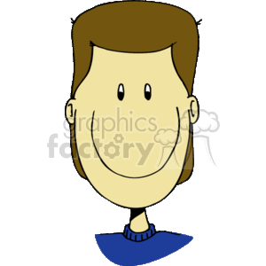 The clipart image depicts a simplified, cartoonish drawing of a happy young boy. He is shown with a wide smiling face, simplistic eyes and nose, and brown hair. He is wearing what appears to be a blue collared shirt.