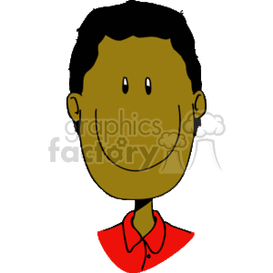 The clipart image shows a simple, cartoon-style representation of a smiling boy with dark skin. He has a broad, happy smile, with two visible eyes and a rounded face. His hair is short and neatly outlined, and he is wearing what appears to be a red collared shirt.