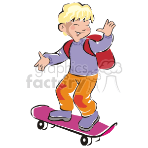 The clipart image shows a boy riding on a skateboard. He is depicted with blond hair, wearing a purple and gray sweater, orange pants, and holding a red bag over one shoulder. He has a happy expression, indicating he is enjoying the activity.