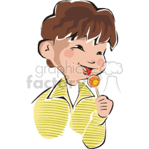 This clipart image depicts a cartoon of a smiling boy with brown hair, wearing a yellow and white striped shirt. He holds and enjoys a lollipop, which commonly signifies sweetness or a treat.