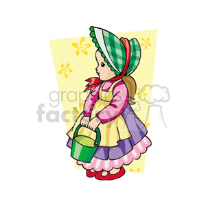 An old fashioned girl in a green checked bonnet carrying a bucket