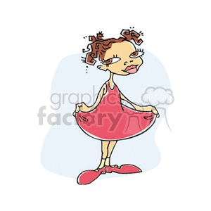 Big eyed brown haired girl holding her red dress out