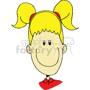 The image is a piece of clipart depicting the face of a smiling girl with yellow hair tied in two ponytails with red hair bands. She is wearing a red collar or neckline of a shirt or dress.