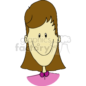 The clipart image displays a stylized illustration of a girl with a broad, friendly smile. She has brown hair, and her face is depicted with a simple and cheerful expression. You can see her standing on what seems to be a pink surface, which could possibly represent the floor or ground. The image uses a cartoon-like design.