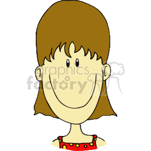 The clipart image shows a cartoon drawing of a smiling girl with brown hair. She appears to be happy, with her mouth wide in a smile, and she's wearing a dress with a red with yellow dots pattern on the straps.