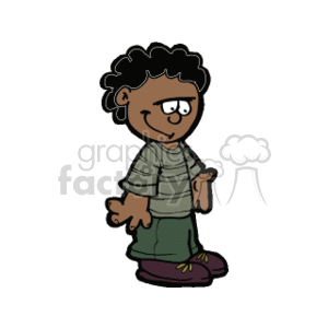 The image is a clipart of a cartoon boy with dark skin. He is standing and appears to be smiling slightly. The boy has curly black hair, is wearing a striped green and white shirt, green shorts, and purple shoes.