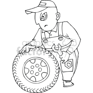 The clipart image shows a line-drawing of a mechanic working on a tire. The mechanic is depicted with a focused expression, holding a wrench in one hand while leaning over and inspecting the tire. The character is wearing a cap, overalls, and appears to be equipped for tire repair work.