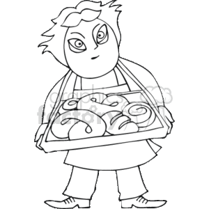 This clipart image illustrates a baker holding a tray of pretzels. The character appears to be in professional attire, typically associated with the baking occupation, including a chef's hat and an apron. There's a clear focus on the theme of bakery and the preparation or sale of baked goods, such as pretzels.