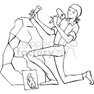 This clipart image shows a person in the act of sculpting a large rock. They are using a chisel and hammer, which suggests they are a sculptor by profession. A small sculpture or model is also visible on the ground next to the rock, possibly serving as a reference for the artist's work.