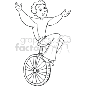 The clipart image depicts a person riding a unicycle. The individual is balancing on the unicycle with one foot on the pedal, the other leg raised slightly, and arms outstretched for balance. The person appears to be in a happy and confident pose, suggesting they are skilled at riding a unicycle. The artwork is in a line art style without color.