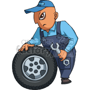 The clipart image shows an animated character designed to represent a tire mechanic or technician. The character is wearing a blue uniform with overalls and a matching cap, indicative of typical mechanic attire. He is holding a wrench, a tool commonly used for vehicle maintenance, and leaning on a car tire that appears to be removed from a vehicle, likely showcasing the process of tire repair or replacement.