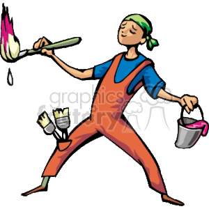 The clipart image depicts an artist or painter at work. The character is wearing an apron over casual clothing, has a bandana tied around their head, and is holding a paintbrush with paint dripping from it. They are also carrying a paint bucket in one hand and have additional paint brushes tucked into their apron, suggesting that they are in the midst of painting. The painter's eyes are closed, which may suggest a moment of inspiration or concentration.