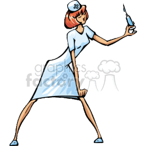 The clipart image depicts a cartoon nurse holding a syringe, ready to administer a shot. She is wearing a traditional nurse's uniform with a cap and is standing in an assertive pose.