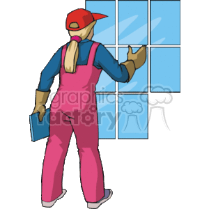 The clipart image depicts a person working as a window cleaner or window washer. The individual is wearing a cap, a pair of overalls, gloves, and is holding a tool commonly used for cleaning windows, such as a squeegee.