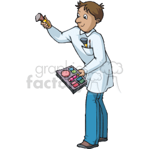 The clipart image depicts a person who appears to be a makeup artist. They are wearing a white coat with pockets containing brushes and pencils, suggesting they are a professional in the cosmetics industry. The artist is holding an open palette of colorful makeup in one hand and a makeup brush in the other, poised as if ready to apply makeup.