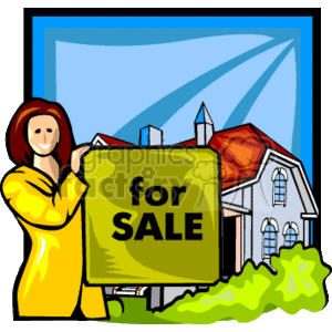The clipart image features a person, presumably a real estate agent or realtor, holding a for sale sign with a smiling expression. In the background, there is a stylized representation of a house with a prominent white facade, a red roof, and a chimney. The setting implies a sunny day, given the blue sky and ray of sunlight.