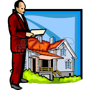 The image is a clipart featuring a person dressed in professional attire, likely a realtor, standing next to a stylized illustration of a house. The realtor appears to be holding some documents, possibly relating to the property.