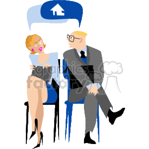 The clipart image depicts two cartoon characters dressed in professional attire, suggesting that they could be real estate agents or realtors. There is also a speech bubble above them with a house icon, indicating that they may be discussing a topic related to homes or real estate. The characters appear to be in a sitting position, engaged in conversation, represented in a stylized and simplified illustration manner typical for clipart.