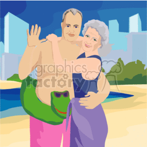 The clipart image depicts an older couple at the beach, embracing in a hug. The senior man is shirtless, with pink shorts and a green innertube around his waist, and the senior woman is wearing a purple one-piece swimsuit. They both appear happy, smiling and hugging each other, with the beach and a city skyline in the background.