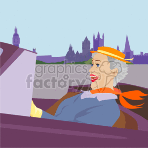 The clipart image depicts a senior woman smiling while she is driving a car. The background suggests she is in a city with notable landmarks, which resemble the skyline of London, given the outline of what appears to be the Big Ben and the Houses of Parliament.