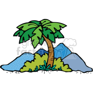The clipart image features a stylized palm tree in the center with a thick trunk and a lush canopy of green leaves. Surrounding the base of the palm tree are small green shrubs or bushes. Behind the tree, there are two mountains with blue peaks, possibly indicating they are distant or have a misty or snowy appearance. The background is not detailed and is left white, putting the focus on the palm tree and mountains.