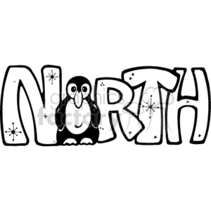 This clipart image features the word NORTH in a bold, stylized font with each letter filled with what appears to be a country or rustic pattern. Stars are scattered throughout, enhancing the whimsical theme. A cartoon penguin is sitting below the letters, adding an element of cuteness and tying into the theme of northern regions, as penguins are often associated with cold climates, though they are actually from the Southern Hemisphere.