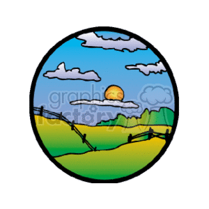 The clipart image depicts a circular, stylized landscape scene. It features rolling green hills in the foreground with a rustic wooden fence. Behind the hills, there are larger green mountains, and above them is a sky with fluffy white clouds and a bright yellow sun partially obscured by the horizon, suggesting either sunrise or sunset. The image is encircled by a thick line, giving it the appearance of looking through a lens or window.