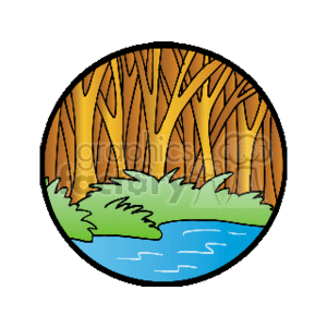 The clipart image depicts a stylized circular scene with a dense collection of tree trunks that represent a forest or woods. In the foreground, there's a body of water such as a river or small lake with some grassy patches on its bank.