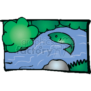 The clipart image depicts a stylized river or lake scene with a green fish that resembles a salmon, indicated by its distinct shape and coloration. The fish is swimming in the blue water, and the scene is framed by green foliage, possibly trees or shrubs on the top left corner, and there's also a rocky gray patch visible on the bottom right side which might represent a riverbank or lakeshore. 