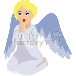 This clipart image features an illustrated angel with blue wings, kneeling and seemingly praying or contemplating. The angel is depicted with blonde hair and is wearing a long white or light blue robe. The angel's hands are positioned together in front of the mouth, a traditional gesture of prayer or deep thought. The image conveys a sense of peacefulness and spirituality often associated with religious iconography.