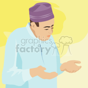 The image is a clipart depicting a religious figure, potentially a Muslim priest or worshipper, engaged in prayer. The person is shown wearing a traditional cap and robe, with hands extended outward, palms facing up, in a common gesture of supplication or dua.