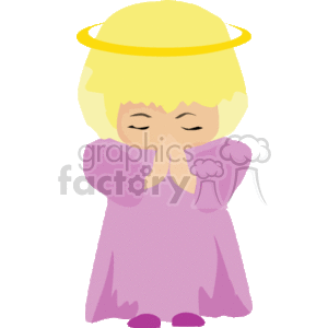 The clipart image depicts a child, likely a girl, dressed as an angel with closed eyes and hands clasped together in prayer. The child has a halo above her head, which is a common symbol of angelic or holy presence. She is wearing a purple garment that might be interpreted as a robe, which is often associated with religious attire. The child's peaceful expression and praying posture suggest a moment of devotion or contemplation.