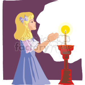 The clipart image depicts a young girl with a bow in her hair, dressed in a blue and white outfit, standing in profile and praying or showing reverence with her hands clasped together. In front of her is a red candlestick holding a lit candle with a flame glowing brightly.