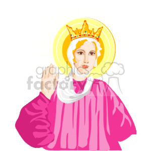 The clipart image depicts a stylized representation of the Virgin Mary, a significant figure in Christianity. She is shown with a halo around her head, indicating her saintly status, and rays of light emanating from the halo, which suggest her divine connection. Mary is depicted wearing a crown, symbolizing her title as the Queen of Heaven in some Christian traditions. She is dressed in a pink robe and appears to be in a prayerful stance, with one hand raised in a gesture that may signify blessing or peace.
