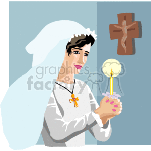 The image depicts a person wearing a religious habit, commonly associated with a nun. The individual is holding a lit candle with both hands, and there is a smile on their face. A Christian cross is visible in the background on the wall. This suggests a setting for prayer or meditation within a Christian context.