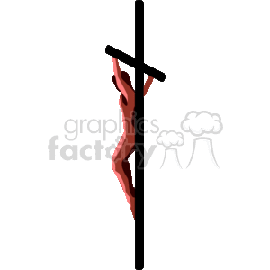 The image is a stylized representation of a figure in a pose of crucifixion to a cross. The depiction is minimalistic and does not show specific details such as facial features or nails, but the outstretched arms and positioning clearly imply the theme of crucifixion, which is central to Christian iconography and relates to the sacrifice of Jesus Christ as recounted in the New Testament of the Bible.