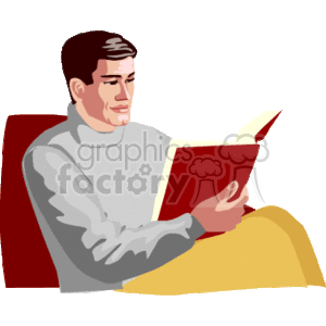 The clipart image features a man seated in a red chair, engrossed in reading a red book. The man is wearing a gray sweater and yellow pants. The image has a simple, flat color design typical of digital clipart.