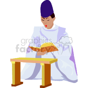 The image depicts a figure dressed in religious attire, with a purple head covering and a white robe decorated with purple accents. The person appears to be in a moment of prayer or contemplation, with their eyes closed and their lips slightly parted, possibly indicating silent recitation. They are seated and leaning slightly forward, with hands engaging with the pages of an open book resting on a simple wooden table in front of them. The book could represent a holy text or scripture, given the context of the image.