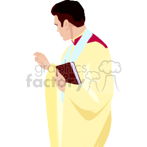 The image shows a clipart representation of a man who appears to be a priest or clergy member in a religious context, holding a book that could be a bible or prayer book. He's dressed in a liturgical vestment, which suggests that he is preparing to lead a service or is in the act of praying.