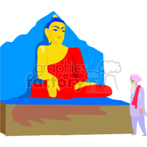 The clipart image depicts a large statue of a figure in a meditative pose, commonly associated with Buddhist iconography, given its serene expression and posture. The statue is colored with a blue face and red garments, seated on a brown platform against a blue background, suggestive of a religious or meditative setting. In front of the statue, there is a smaller figure, seemingly a person, possibly a devotee or a monk, standing and facing the statue, which could indicate respect, prayer, or contemplation.
